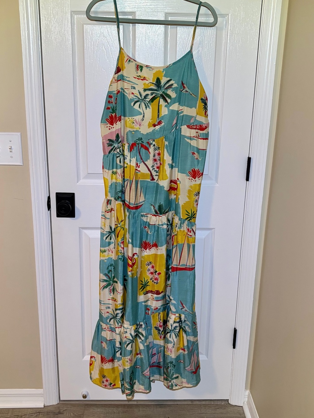 Tropical Print Maxi Sundress with Low Back - Teal, Yellow, Cream. Size XL